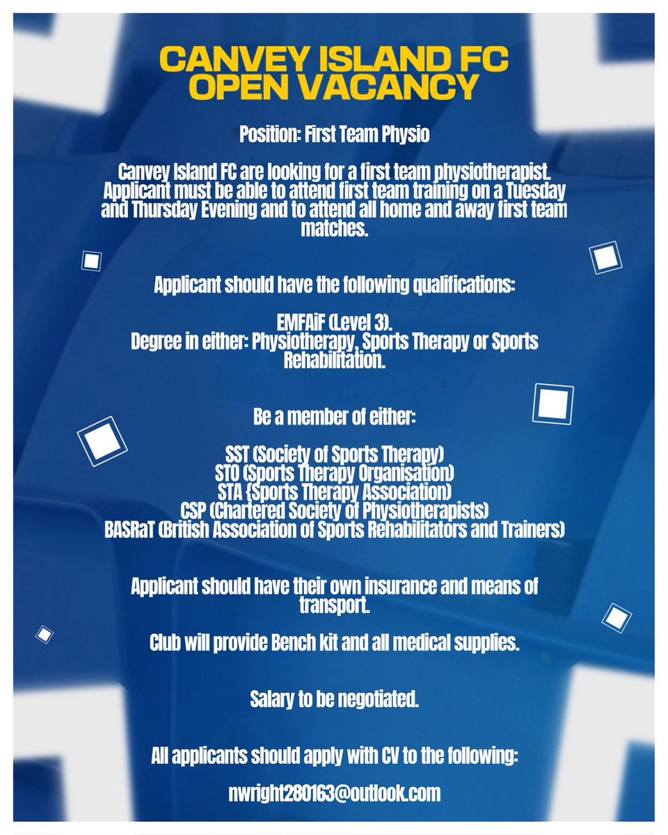 Canvey Island FC (@cifc) on Twitter photo Canvey Island FC are looking for a First-Team Physio ahead of the season. 📝
Applicants should reply with their CV to the email address below. ⬇️
nwright280163@outlook.com Canvey Island FC are looking for a First-Team Physio ahead of the season. 📝
Applicants should reply with their CV to the email address below. ⬇️
nwright280163@outlook.com