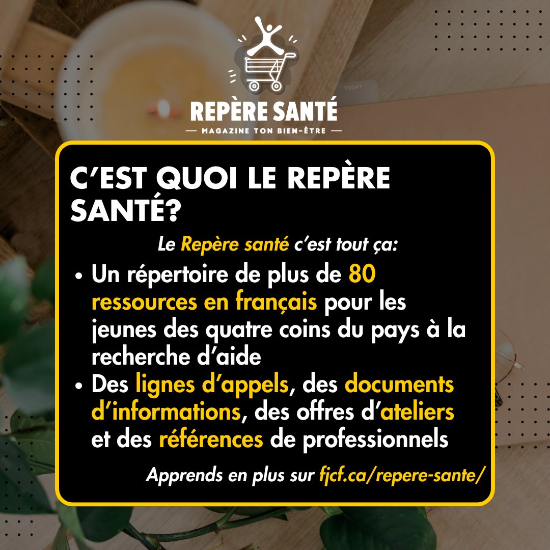 Le Repère santé, ta plateforme pour trouver des ressources 100% en français qui peuvent t'aider! Prendre du temps pour soi, c'est aussi prendre soin de sa santé mentale. Des lignes d'appel, des documents d'informations sont là pour toi!
#FJCF #Santemental #Ressources #Francophone