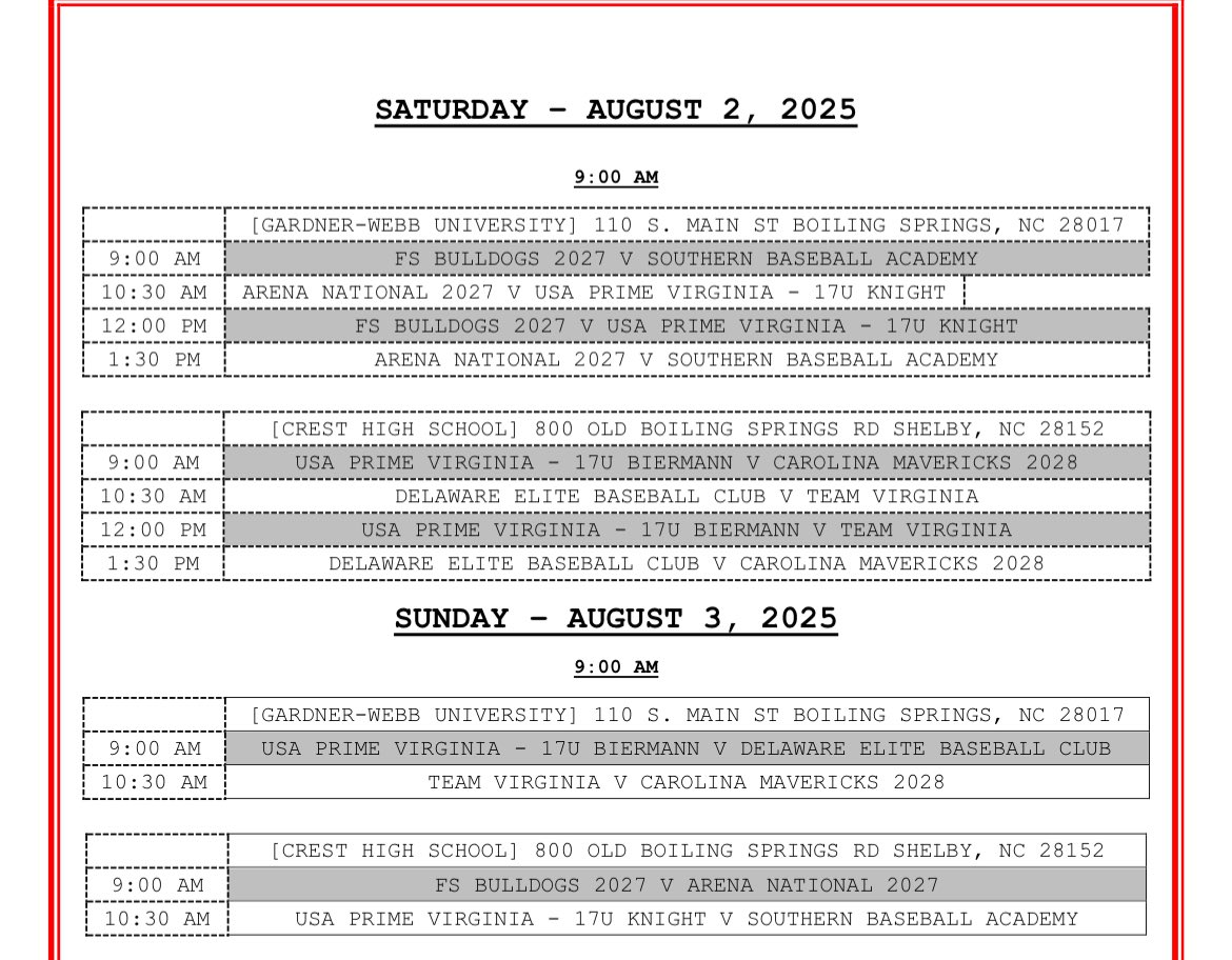 Excited for the weekend at the Garden Webb Team Camp with Team Virginia. Here’s the Game times for Saturday and Sunday.
<a href="/crobison217/">Curtis Robison</a> <a href="/tomc_28/">Tom Cockill</a> <a href="/MicahOwings/">Micah Owings</a> <a href="/scottybateman28/">Scotty Bateman</a> <a href="/CoachCroc/">Mark Crocco Jr.</a> <a href="/Coach__Johnston/">Kyler Johnston</a> <a href="/ShohnDoty/">Shohn Doty</a> <a href="/Daniel_Huff/">Daniel Huff</a>