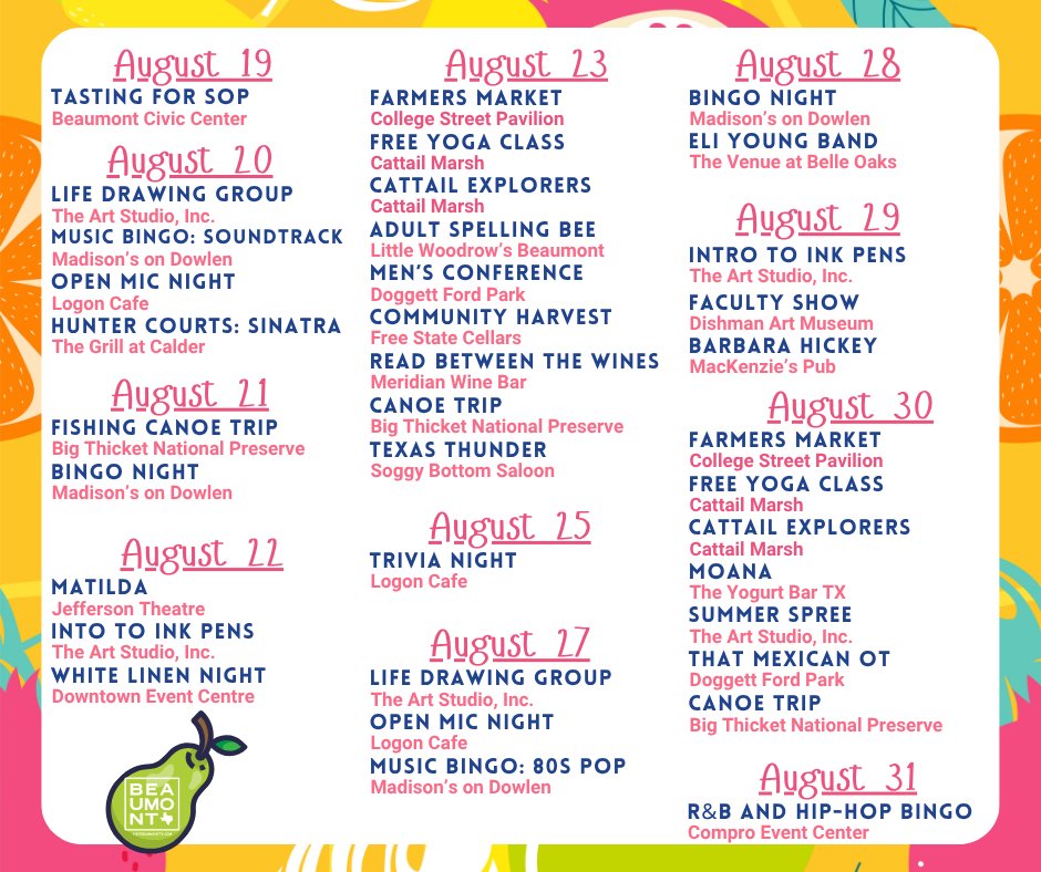 VisitBeaumontTX's tweet photo. August is here and we're ready for all the things! What event are you putting on your calendar? 

#visitbeaumonttx https://t.co/N29mJlAbUw