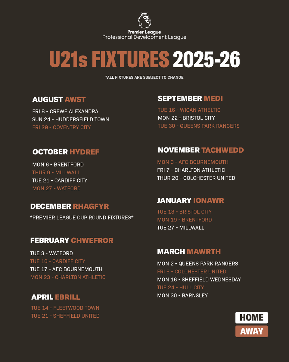Swansea City Under-21s' Professional Development League fixtures have been confirmed for the upcoming 2025/26 campaign 🦢

Venues and kick-off times here 👉 swanseacity.club/4lZQsTw