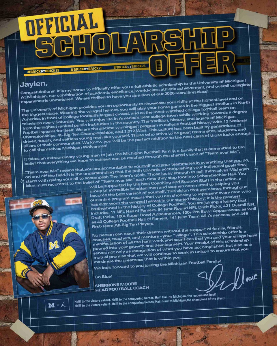 Jaylen Pile (@jaylenpile2026) on Twitter photo Blessed to receive my OFFICIAL scholarship offer to The University of Michigan 🙏🏽🙏🏽🙏🏽🙏🏽
<a href="/Coach_SMoore/">Sherrone Moore</a> <a href="/UMichFootball/">Michigan Football</a>
#BrickByBrick26 Blessed to receive my OFFICIAL scholarship offer to The University of Michigan 🙏🏽🙏🏽🙏🏽🙏🏽
<a href="/Coach_SMoore/">Sherrone Moore</a> <a href="/UMichFootball/">Michigan Football</a>
#BrickByBrick26