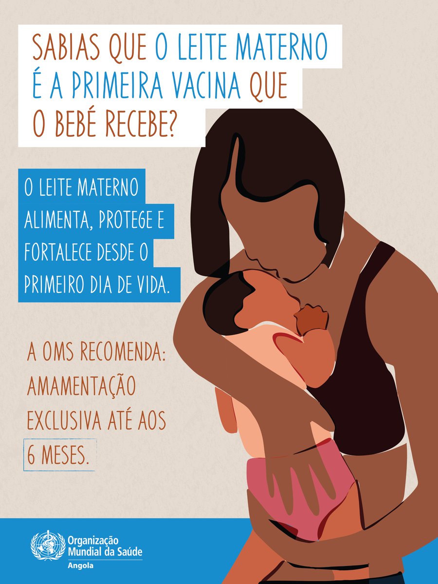 AngolaOms's tweet photo. A Semana Mundial do Aleitamento Materno já começou!

Amamentar salva vidas, protege o bebé, fortalece a mãe e constrói um futuro mais saudável.

A OMS recomenda:
✅ Exclusivo até aos 6 meses
✅ Até aos 2 anos ou mais com alimentação complementar

#OMSAngola #AleitamentoMaterno https://t.co/PvdYzmYKSD