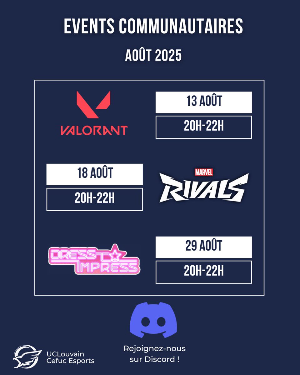 Cefuc_Esports's tweet photo. Événements Discord - Août 2025  

Rejoignez-nous pour des événements en ligne avec le staff et la communauté Cefuc  

🔫13/08 – Valorant (20h-22h) 
⚔️18/08 – Marvel Rivals (20-22h) 
👗29/08 – Dress to impress (20h-22h)   

C’est fun, chill et ouvert à toutes et à tous!    
🔗 Discord : https://t.co/2QfaAjWkuz

#EsportBelgique #UCLouvain #Esport #Valorant #Marvelrivals #Roblox #DTI #DressToImpress