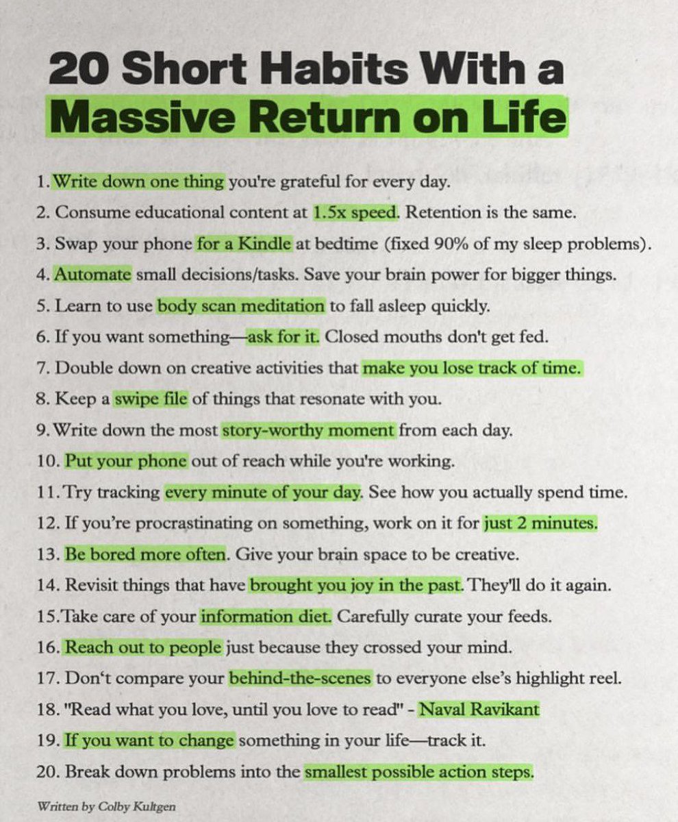 20 Short Habits With a Massive Return on Life:

Bookmark it