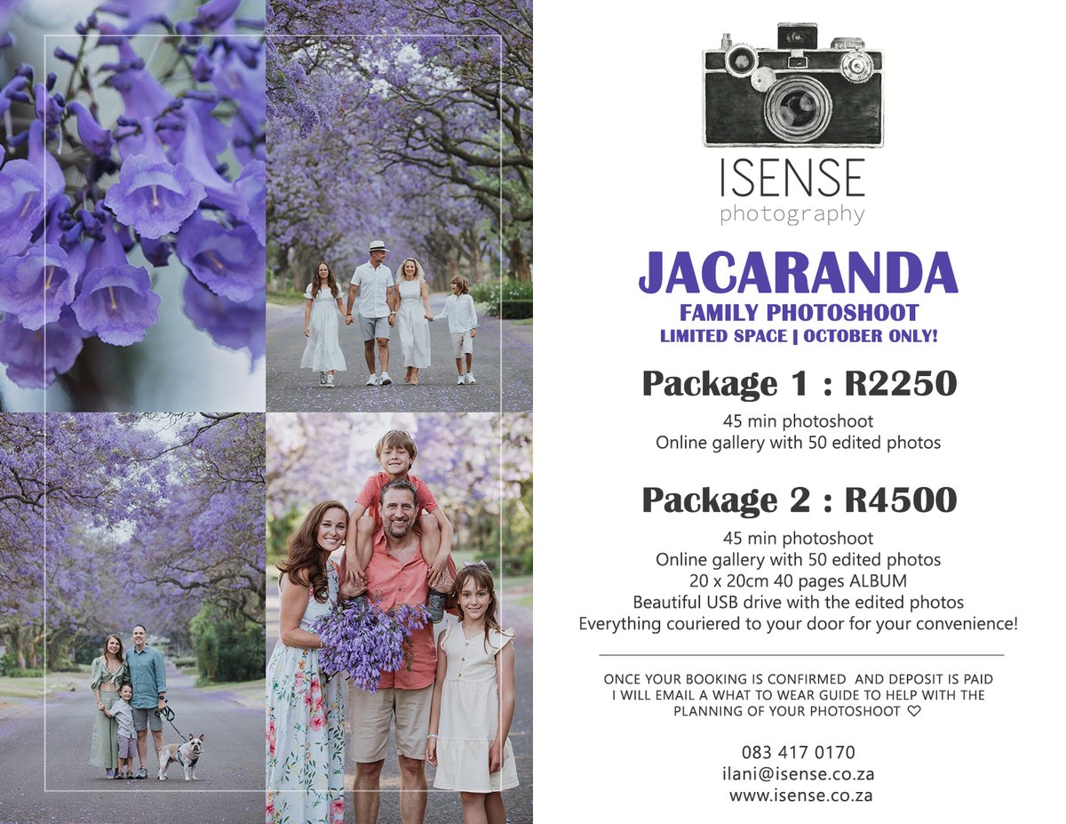 isense's tweet photo. JACARANDA FAMILY PHOTOSHOOT bookings are now open ♡

As always, there are limited dates and time slots available so please contact me asap if you would like to make a booking. I’ll be taking bookings from 8 to 30th of October. 

083 417 0170 
ilani@isense.co.za https://t.co/xZfyBeZSze