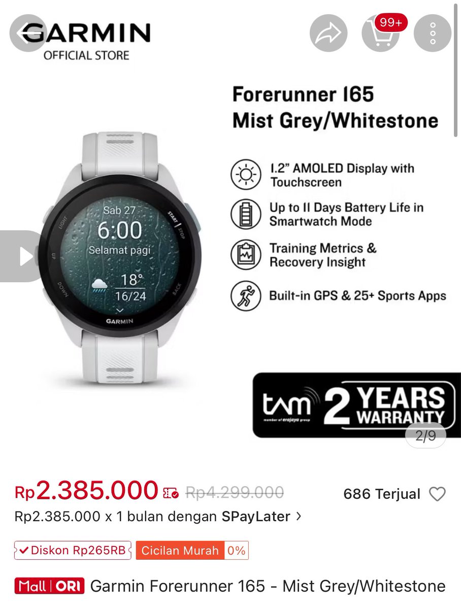 Garmin forerunner 165 

Sekarang cuma jadi 2,3 juta udah dapat garmin yg layarnya AMOLED + fitur-fitur dari garmin khususnya lari

Black 
s.shopee.co.id/7fPIR54Vyo
White
s.shopee.co.id/4flgrT3mkG

Sekalian share Coros Pace 3 cuma 3,6jt
Garansi harga terbaik
s.shopee.co.id/30dQITmmHI