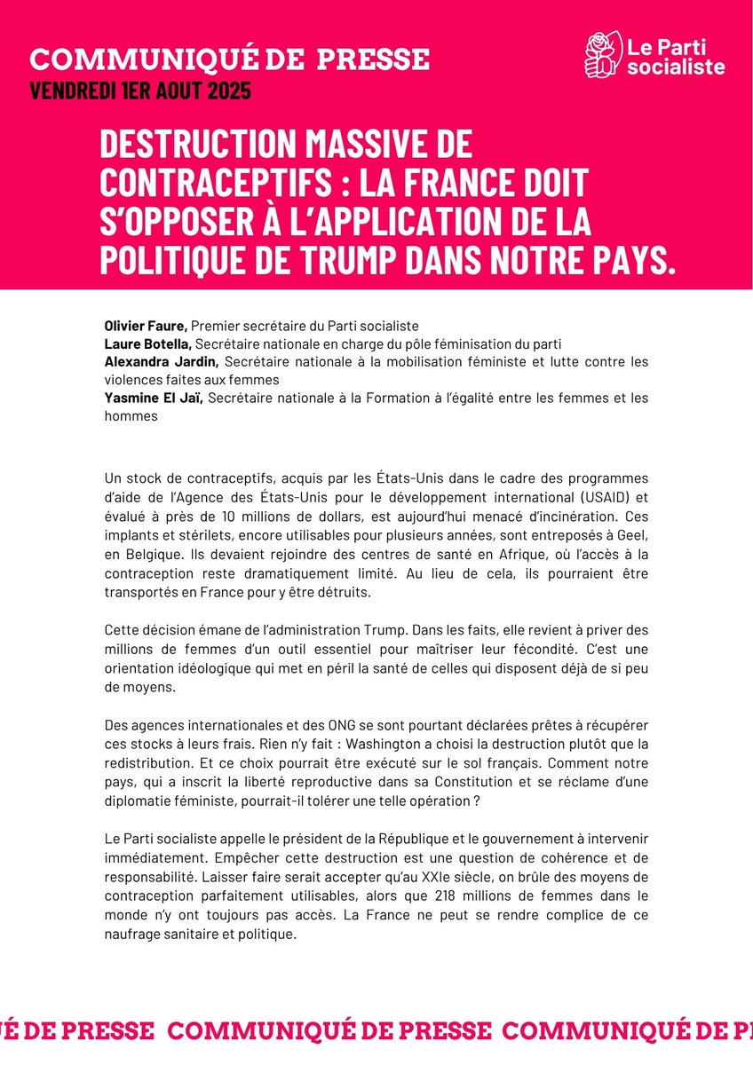 🟣📣Un stock de contraceptifs destinés à des centres de santé pourrait être détruit sur le sol français, alors que 218 millions de femmes dans le monde n'y ont toujours pas accès. Nous appelons le gouvernement à intervenir immédiatement.

Notre communiqué👉parti-socialiste.fr/destruction_ma…