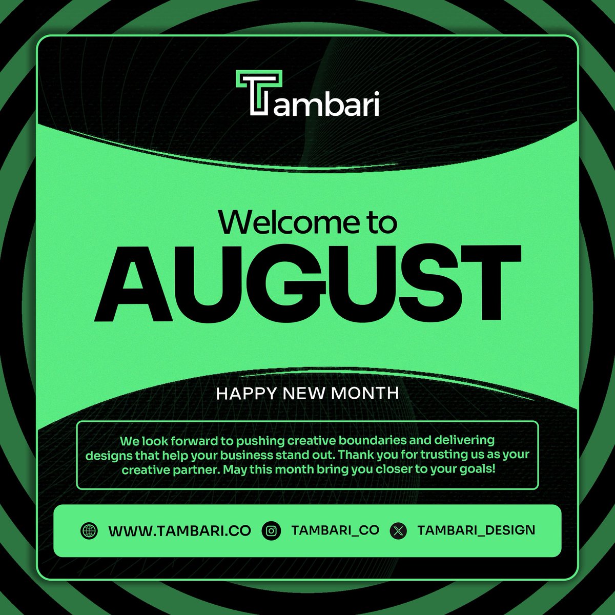 tambari_design's tweet image. Welcome to August 2025! At Tambari, we’re committed to pushing creative boundaries and delivering designs that help your business stand out. Thank you for trusting us as your creative partner. Let’s make this month a step closer to your goals! #NewMonth #DesignThatDefines