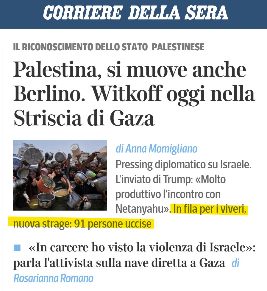 Uccise da chi #Corriere?
Si continua a minimizzare i crimini commessi da #Israele a #Gaza: solo 10 parole per una strage di 91 persone, senza dire chi sia l'aggressore.
Immaginate lo spazio mediatico se le vittime fossero israeliane.
Questo giornalismo è complice del #genocidio.