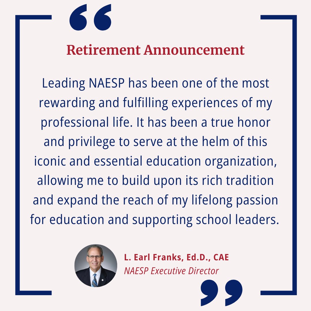 National Assoc. of Elementary School Principals (@naesp) on Twitter photo Big news from <a href="/NAESP/">National Assoc. of Elementary School Principals</a>: President <a href="/AknightApril/">April Knight</a> announced today that Executive Director <a href="/efranksnaesp/">L. Earl Franks, Ed.D., CAE</a> has announced his retirement, effective July 31, 2026.
A national search for his successor begins this fall.
Read the full announcement: tinyurl.com/earls-retireme… Big news from <a href="/NAESP/">National Assoc. of Elementary School Principals</a>: President <a href="/AknightApril/">April Knight</a> announced today that Executive Director <a href="/efranksnaesp/">L. Earl Franks, Ed.D., CAE</a> has announced his retirement, effective July 31, 2026.
A national search for his successor begins this fall.
Read the full announcement: tinyurl.com/earls-retireme…