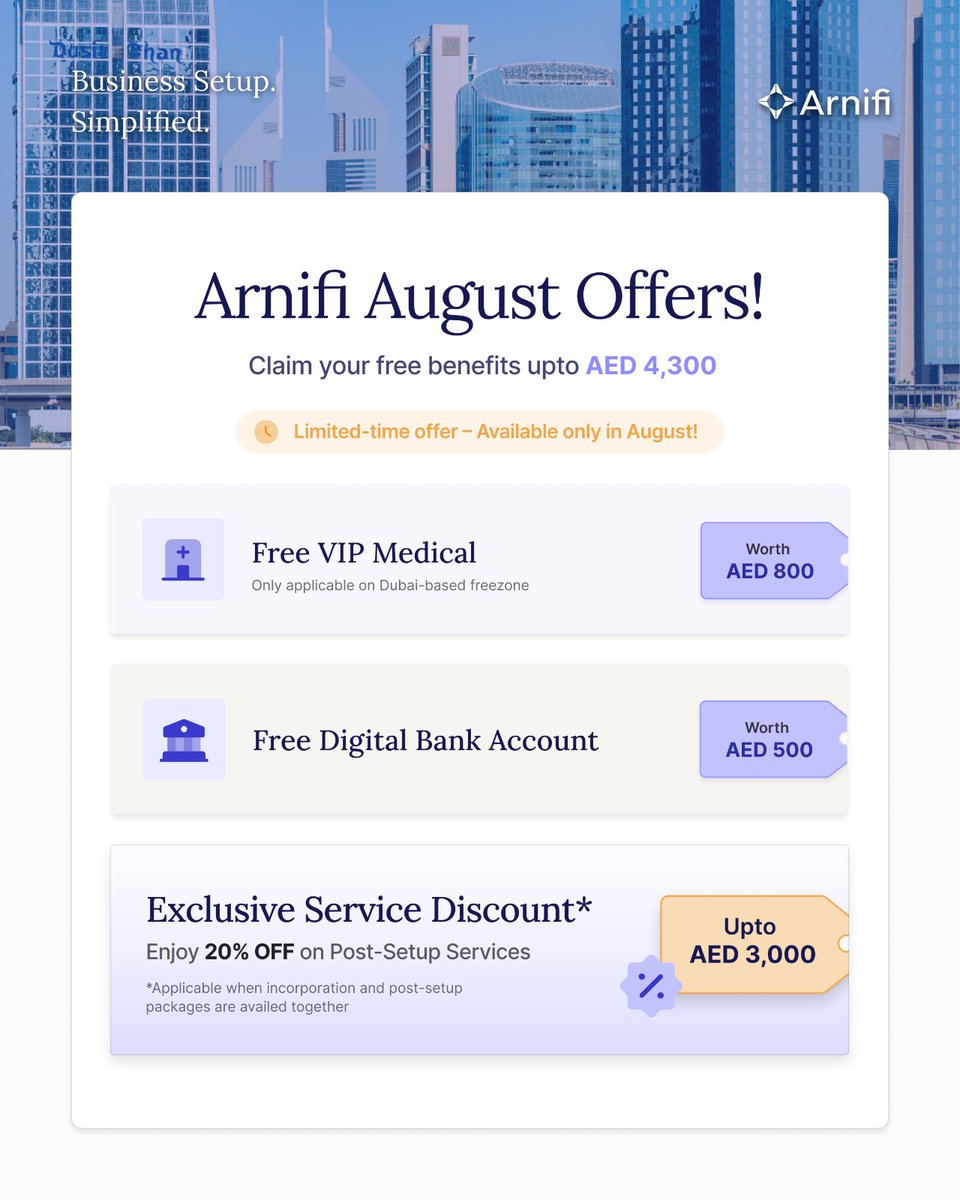 Arnifiofficial's tweet image. This August, Arnifi brings you exclusive business setup benefits worth up to AED 4,300, designed to make your UAE business setup smoother and more cost-effective.

Offer valid until August 31.

#UAEBusinessSetup #StartYourBusiness  #AugustOffer #Businessoffer #Arnifi