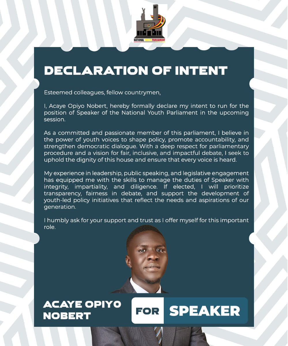 To those youths who are on the streets and are never heard, to the orphans, the disabled, and to those who are willing to advocate for change and challenge the status quo:

Let's all gather and support this bold, outspoken gentleman for the speakership.

....<a href="/AcayeOpiyo/">𝗔𝗰𝗮𝘆𝗲🇺🇬 🐘</a> ....