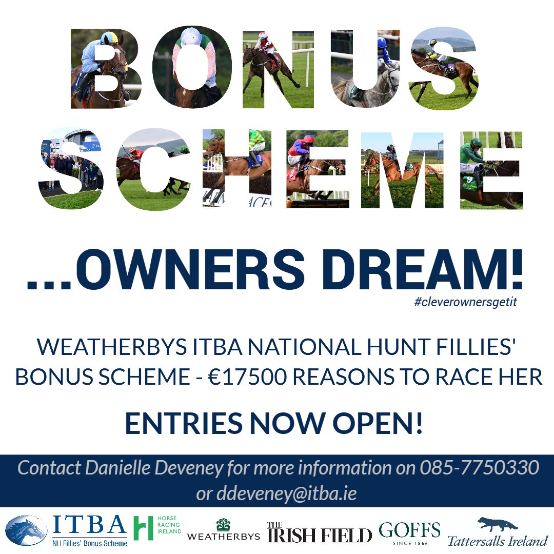 𝙎𝙈𝘼𝙍𝙏 𝙊𝙒𝙉𝙀𝙍𝙎𝙃𝙄𝙋 𝙎𝙏𝘼𝙍𝙏𝙎 𝙒𝙄𝙏𝙃 𝘼 𝘽𝙊𝙉𝙐𝙎..🏇

Don’t miss your chance to be part of one of Irish National Hunt’s most rewarding initiatives –  𝙀𝙉𝙏𝙍𝙄𝙀𝙎 𝘼𝙍𝙀 𝙉𝙊𝙒 𝙊𝙋𝙀𝙉 for the 𝙒𝙀𝘼𝙏𝙃𝙀𝙍𝘽𝙔𝙎 𝙄𝙏𝘽𝘼 𝙉𝙃 𝙁𝙄𝙇𝙇𝙄𝙀𝙎' 𝘽𝙊𝙉𝙐𝙎