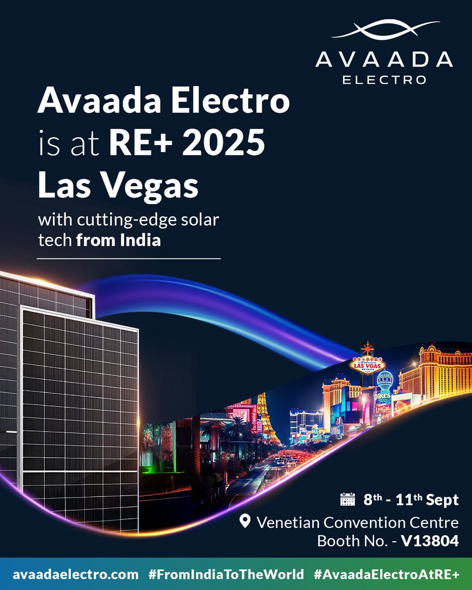 Avaada Electro is at RE+ 2025 with solar tech engineered for global performance.

Discover our next-gen modules, meet our leadership team and explore how Avaada can power your next solar project.

Where? Venetian Convention Centre, Level 2
When? 08–11 September 
Which? Booth