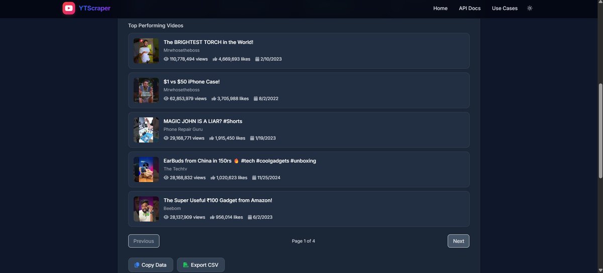 ApPatra's tweet image. 🚀 Day 10: 
📈 Added Trend Intelligence — find viral content & future trend ideas 
🔍 Search keywords → Get trending videos 
🔜 Turning this into a full SaaS 
👉 youtubescraper.in 
#BuildInPublic #DevTools #YouTubeAPI #WebScraping #OpenSource #100DaysOfCode #IndieHacker