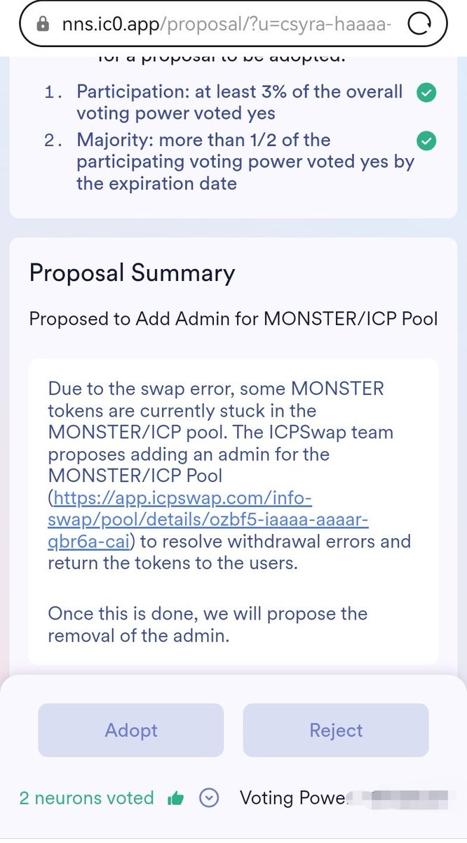 Tim went ∞ (@tiiiiuiiiit) on Twitter photo Thanks to the <a href="/ICPSwap/">ICPSwap #DFINITY</a> team for initiating a proposal to solve the problem of #Monster .
<a href="/ICPSwap/">ICPSwap #DFINITY</a> is the largest exchange of #ICP, and the team is very active and responsible.
<a href="/Motoko_Monsters/">Motoko Monsters ∞</a>
nns.ic0.app/proposal/?u=cs… Thanks to the <a href="/ICPSwap/">ICPSwap #DFINITY</a> team for initiating a proposal to solve the problem of #Monster .
<a href="/ICPSwap/">ICPSwap #DFINITY</a> is the largest exchange of #ICP, and the team is very active and responsible.
<a href="/Motoko_Monsters/">Motoko Monsters ∞</a>
nns.ic0.app/proposal/?u=cs…