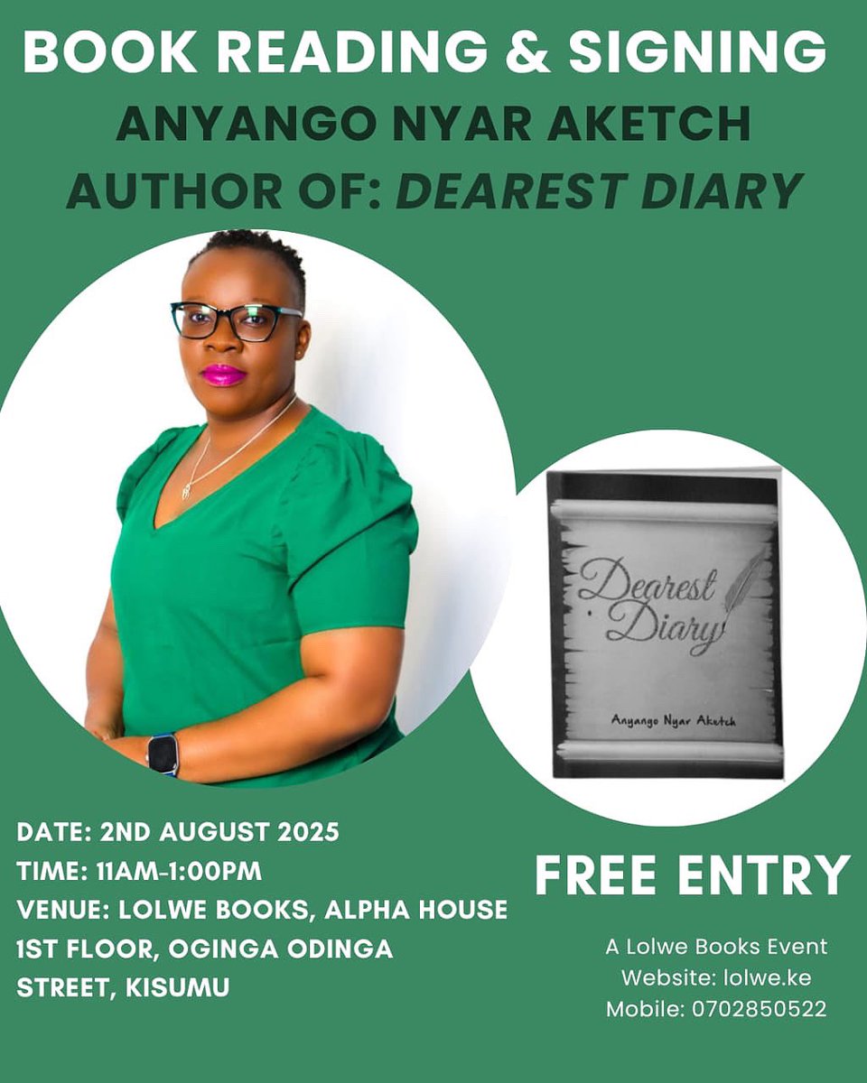 LolweBooksKE's tweet photo. Join us tomorrow at 11am for a book reading and signing session with Anyango Nyar Aketch. She’ll be reading from her book ‘Dearest Diary’.
Join us!
#anyangonyaraketch #dearestdiary #lolwebookske #kisumubookstore #kisumu https://t.co/ELtLMRv6kd