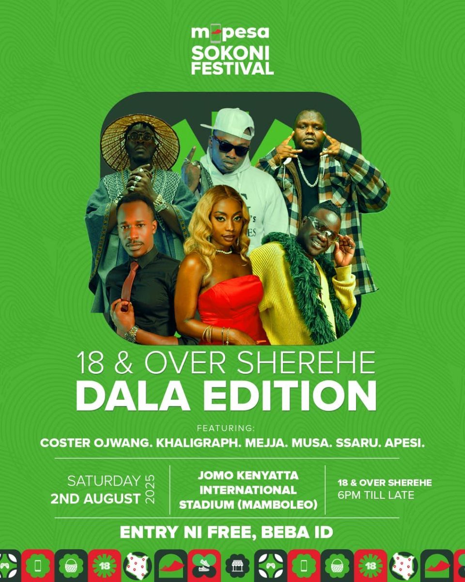 Wale wa sherehe  uradi hii hapa with <a href="/SafaricomPLC/">Safaricom PLC</a>  kuja upige sherehe pale  jomo kenyatta stadium (mamboleo) kesho 2nd August for MPESA SOKONI FESTIVAL na pia Concert 6pm till later fom ni ya free kuja tu na ID yako  security iko on lock   good deals ziko huskii  #MPESASokoni
