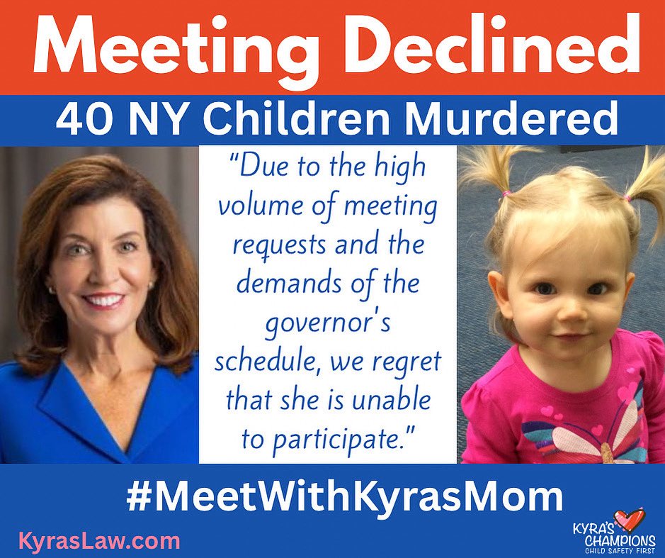 💔 40 NY children have been murdered by a parent during custody cases. One was my 2YO daughter, Kyra — killed by abusive Dad during a court-ordered visit.

After 9 yrs, <a href="/GovKathyHochul/">Governor Kathy Hochul</a> says she’s “too busy” to meet?

#MeetWithKyrasMom
#KyrasLaw #NYSOTS 
👉 KyrasLaw.com