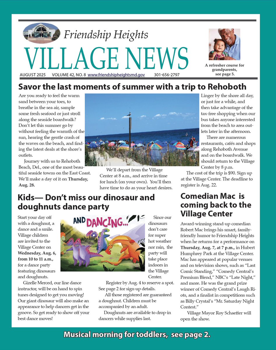 The August 2025 Village Newsletter is hot off the press! Visit us at friendshipheightsmd.gov or the Village Center to get a copy. Copies were also delivered to the resident buildings today.
