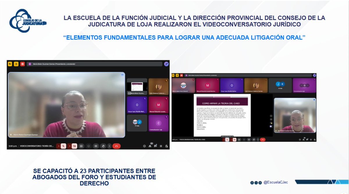 Gracias a la coordinación entre la <a href="/EscuelaCJec/">Escuela Judicial EC</a> y la Dirección del <a href="/JudicaturaLoja/">Loja CJ</a>, se realizó el Video Conversatorio Jurídico “Elementos fundamentales para una adecuada litigación oral”, con la participación como ponente de la jueza María Belén Guzmán.