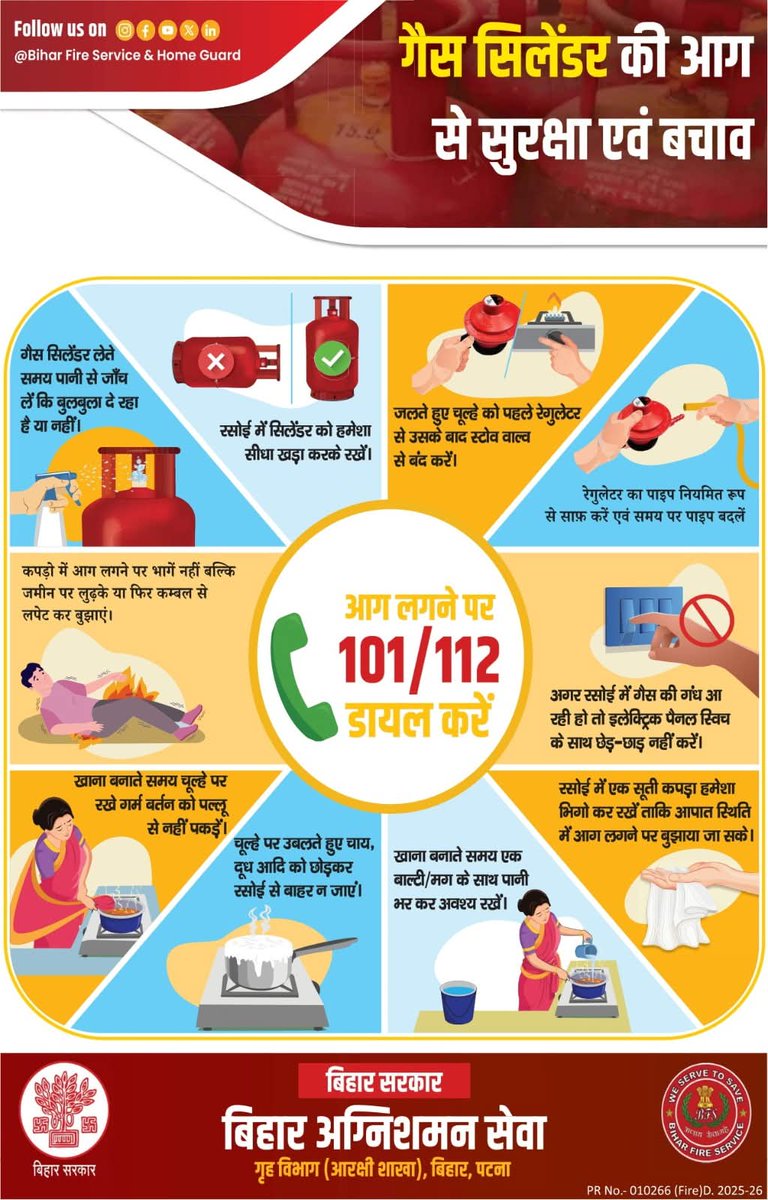 गैस सिलेंडर की आग से सुरक्षा एवं बचाव..
सतर्क रहें, सुरक्षित रहें! 
#GasSafety #LPGAlert #FirePrevention #बचावहीसुरक्षा 

Information &amp; Public Relations Department, Government of Bihar
Bihar Fire service &amp; Home Guard