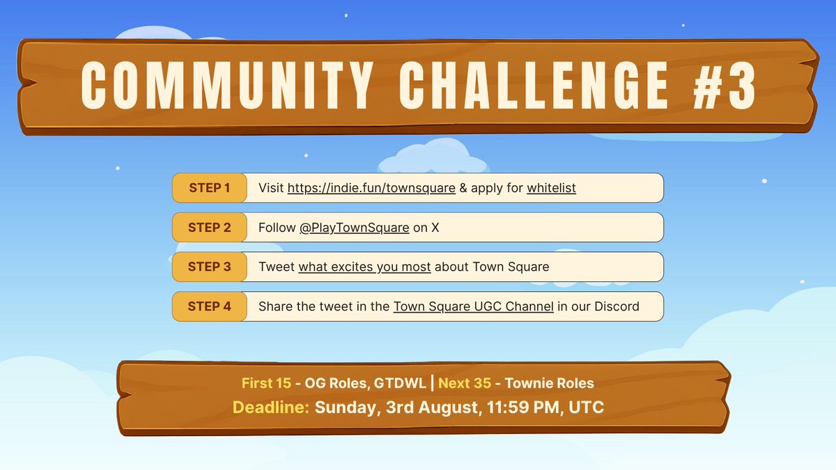 We're giving out 15 Town Square OG roles (GTD WL) and 35 Townie roles (FCFS WL)! 

Here's what you have to do to qualify! 
1. Visit indie.fun/townsquare &amp; apply for Whitelist
2. Follow <a href="/PlayTownSquare/">Town Square | The Social Layer for Solana</a> on X
3. Tweet what excites you most about Town Square
4. Post the tweet in