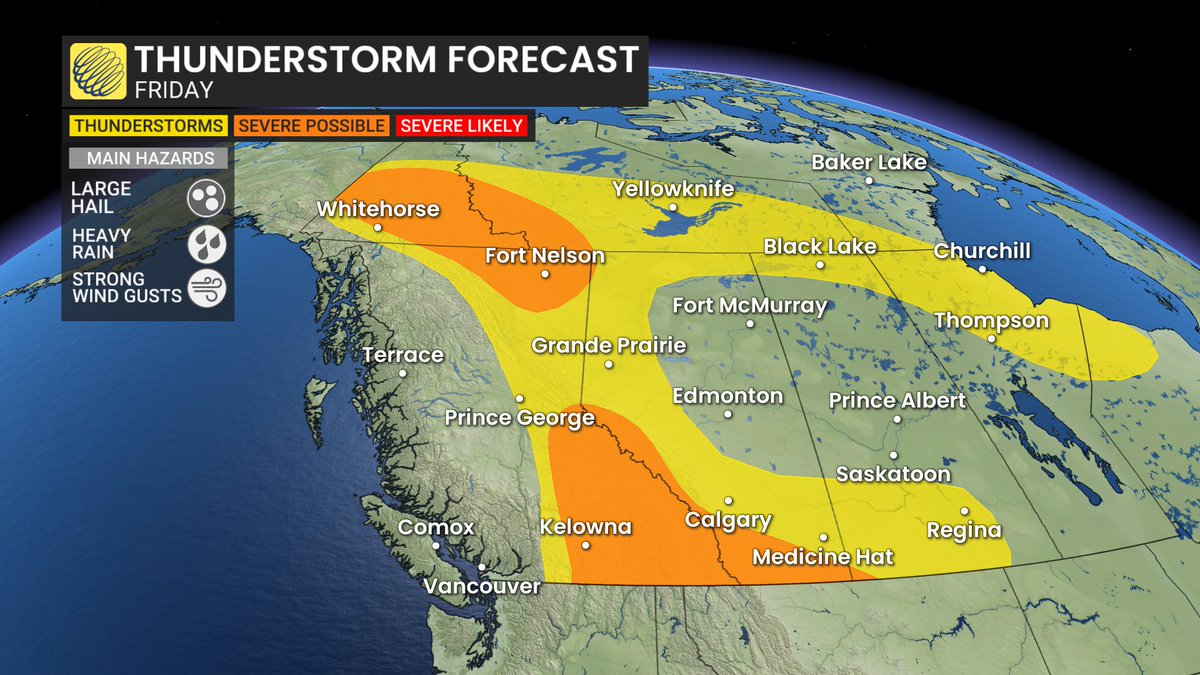 Today's #thunderstorm risk zones rather plentiful across the West &amp; North! The #heat alerts are done in SE B.C. but continue for now in the BC Peace, across much of AB, including #YEG, northern SK &amp; northern MB. Thunderstorms &amp; cooler air should arrive in AB on Sunday