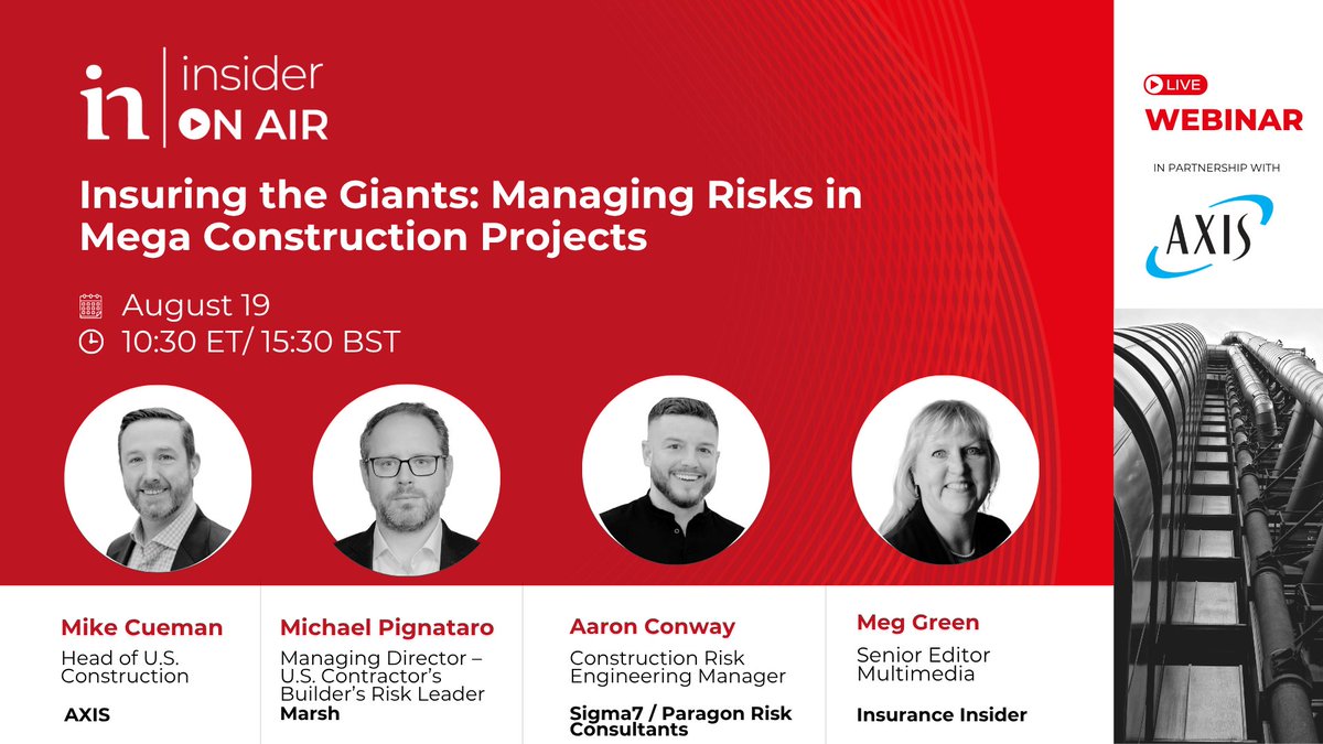 From billion-dollar campuses to next-gen data centers, construction is scaling up, and so are the risks.
 
Join #AXIS Head of US Construction @ Mike Cueman in a live webinar with @ Insurance Insider's @ Meg Green on August 19 as they explore how carriers are adapting to the
