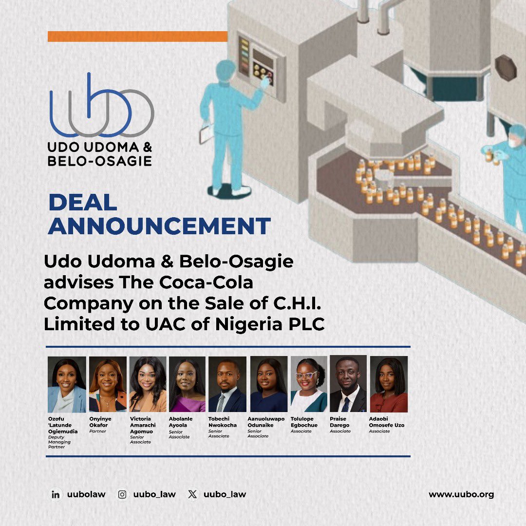 UUBO is delighted to have advised The Coca-Cola Company (“Coca-Cola”) on the sale of its 100% equity interest in C.H.I. Limited (“CHI”) to UAC of Nigeria PLC, one of Nigeria’s leading consumer goods companies.

CHI is a household name in Nigeria and a recognised leader in the