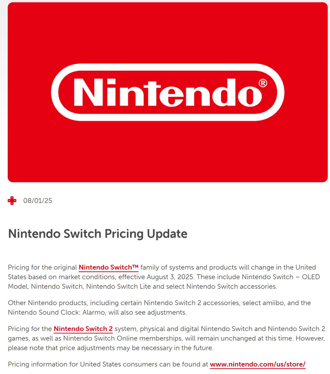 Nach Kanada nun auch USA: Switch 1 wird TEURER statt günstiger. ☠️ Betrifft alle Modelle. Auch ein paar Switch 2 Accessories betroffen.