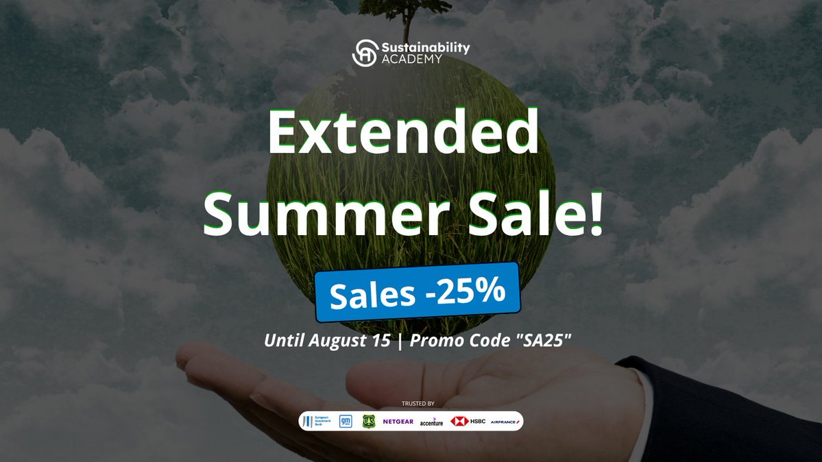 Center for Sustainability & Excellence (CSE) (@cse_network) on Twitter photo Due to popular demand, weโre extending our summer promotion!
๐ Get 25% OFF all <a href="/SustAcademy/">Sustainable Infrastructure Finance Academy</a> courses until Aug 15
๐ก Use promo code SA25 at checkout
Upgrade your ESG skills today ๐ sustainability-academy.org/certified-esg-โฆ
#ESG #Sustainability #SummerSale #OnlineCourses Due to popular demand, weโre extending our summer promotion!
๐ Get 25% OFF all <a href="/SustAcademy/">Sustainable Infrastructure Finance Academy</a> courses until Aug 15
๐ก Use promo code SA25 at checkout
Upgrade your ESG skills today ๐ sustainability-academy.org/certified-esg-โฆ
#ESG #Sustainability #SummerSale #OnlineCourses