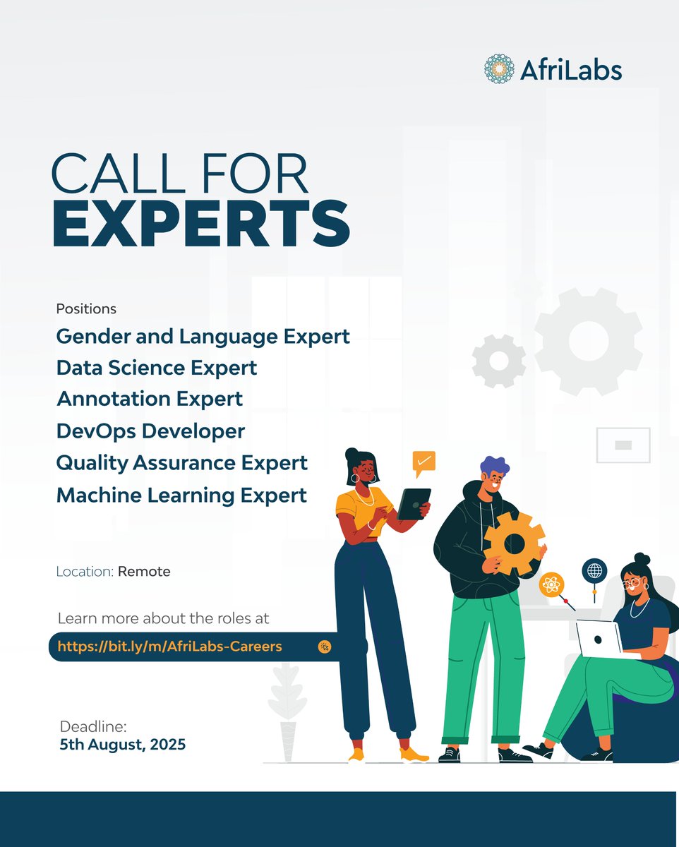 We’re Hiring: Join Us to Shape Fair and Inclusive AI

➜ Gender and Language Expert
➜ Data Science Expert
➜ Annotation Expert
➜ DevOps Developer
➜ Quality Assurance Expert
➜ Machine Learning Expert

🗓 Deadline: 5th August, 2025

🔗 Apply here: bit.ly/m/AfriLabs-Car…