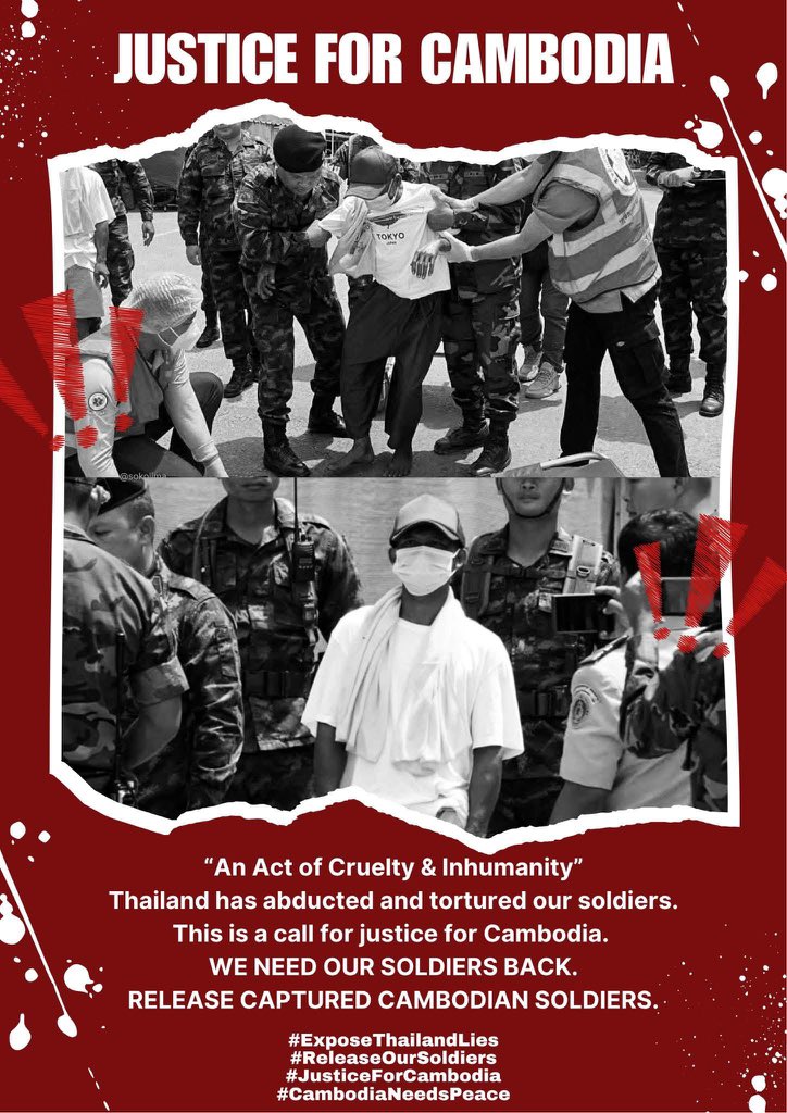 morkathjade's tweet photo. This cruel abuse breaks peace and human rights. We demand justice, accountability, and the safe return of all soldiers. The world must act.

RELEASE CAPTURED CAMBODIAN SOLDIERS

#JusticeForCambodia 
#FreeCambodianSoldiers https://t.co/sYpYSvndY6