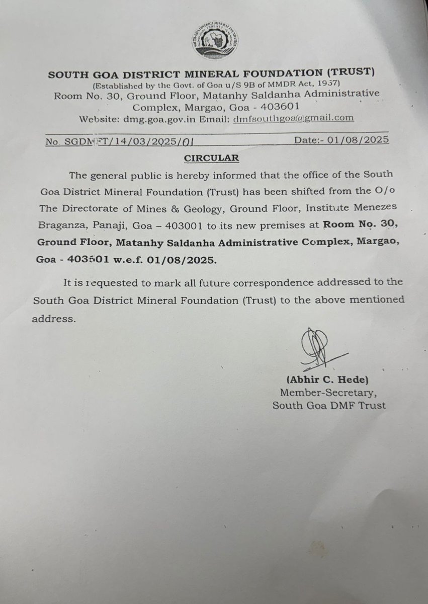 Office of the North and South Goa District Mineral Foundation shifted to new premises.