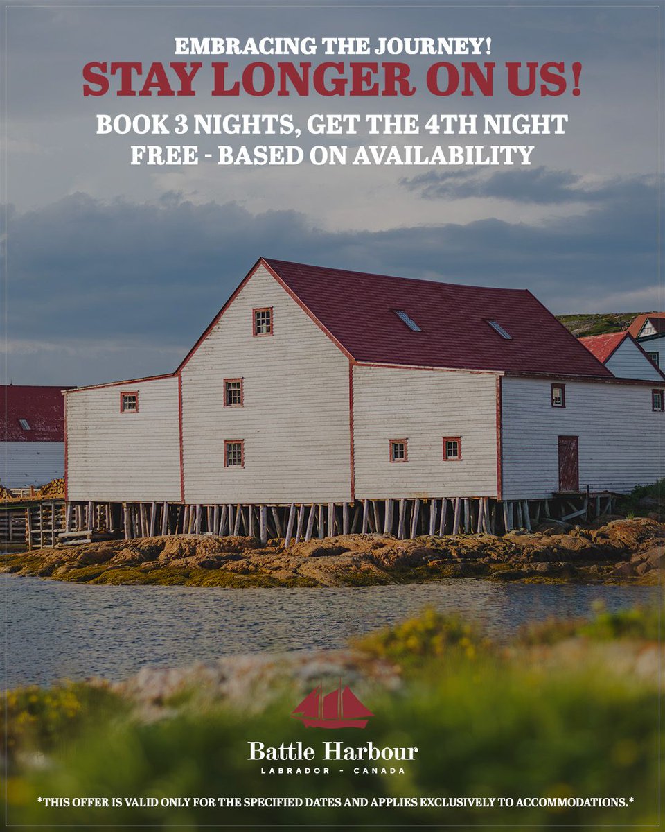 Stay 3 nights in our accommodations and get the 4th night free, more time to soak in the serenity, the stories, and the salt air of Battle Harbour.

Offer valid for a limited time and based on availability.
➤ Plan your stay now: battleharbour.com

#NLTourism #ExploreNL