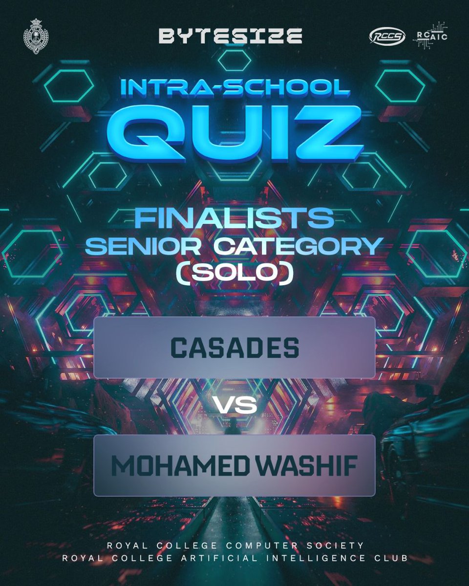 rccsonline's tweet image. Bytesize Quiz – Senior Solo Finalists
The results are in. Leading the way to the finals in the Senior Solo Category:
1. Cascades
2. Mohammed Waashif
Well done to both finalists for their outstanding performance.
The final challenge awaits.
#ByteSize
#RCAIC25
#RCCSONLINE