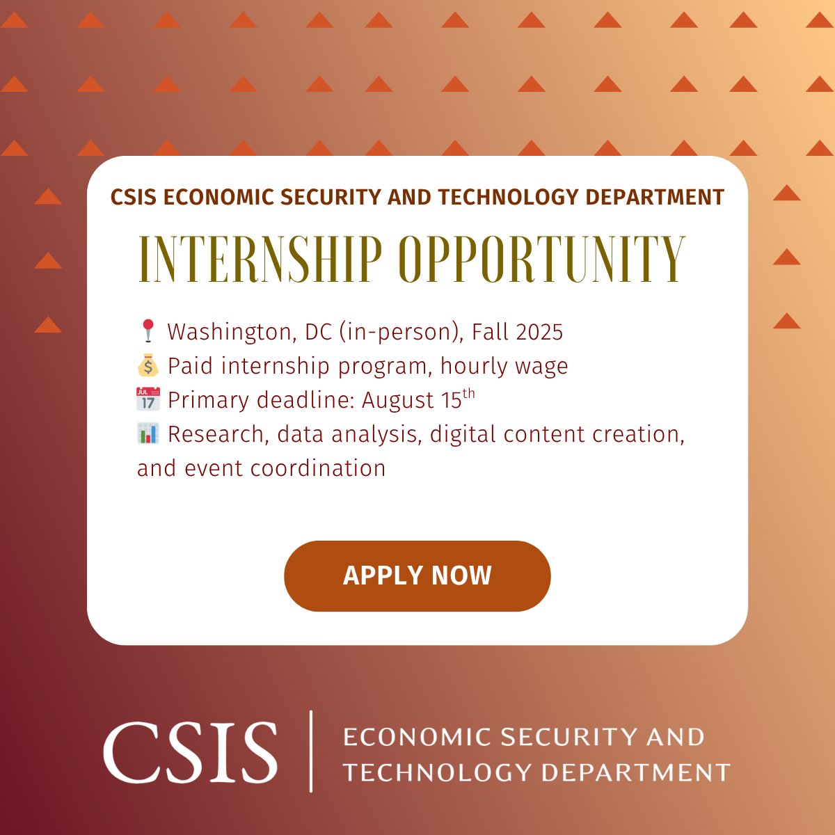 CSISEST's tweet image. 📢 Fall Internship – CSIS Economic Security &amp;amp; Technology Department

Seeking interns passionate about economic security, tech policy, &amp;amp; U.S. national security. Gain hands-on experience in data analysis, policy research, digital media, &amp;amp; event support.

tinyurl.com/35v3e6wb