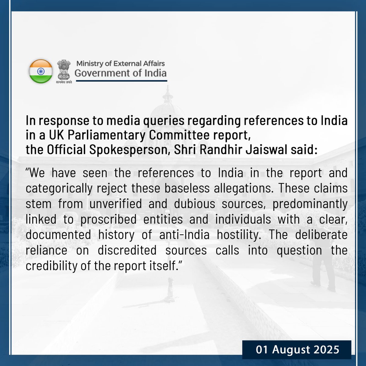 MeA categorically reject allegations against India in the UK Parliamentary report.