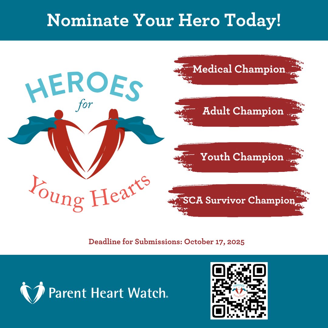 Today is a great day to nominate a Hero for Young Hearts—someone in your community who is dedicated to protecting young lives from sudden cardiac arrest.

Know someone making a difference? Nominate them now! bit.ly/4mnsNw2
#ParentHeartWatch #HeroesForYoungHearts