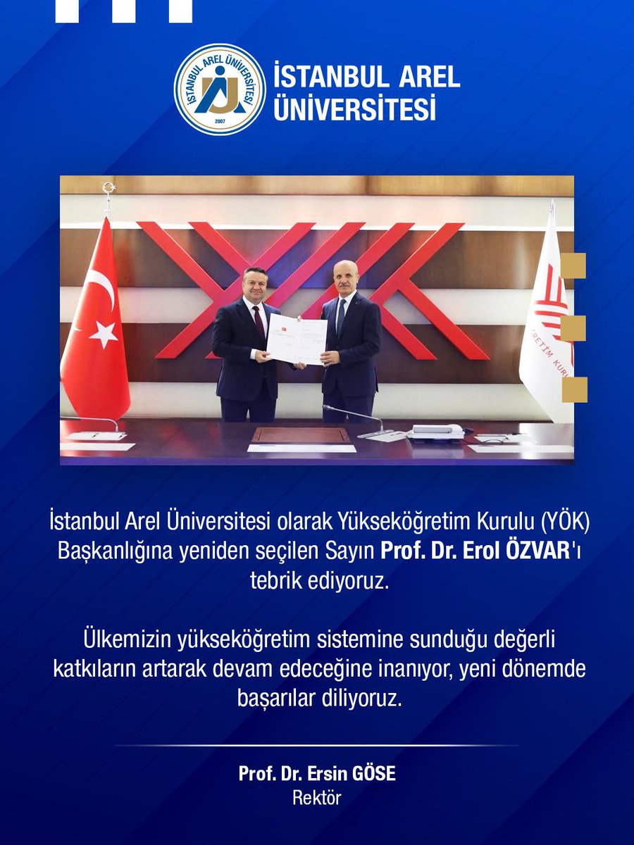 İstanbul Arel Üniversitesi olarak Yükseköğretim Kurulu (YÖK) Başkanlığına yeniden seçilen Sayın Prof. Dr. Erol ÖZVAR'ı tebrik ediyoruz. 

Ülkemizin yükseköğretim sistemine sunduğu değerli katkıların artarak devam edeceğine inanıyor, yeni dönemde başarılar diliyoruz.