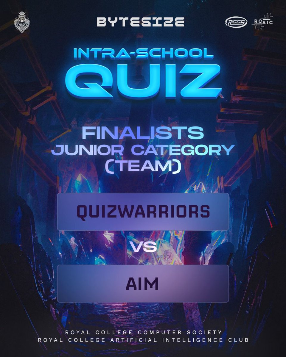 rccsonline's tweet image. Bytesize Quiz – Junior Team Finalists
After a competitive round, two teams have secured their place in the finals:
1. Quiz Warriors
2. AIM
Congratulations to both teams for advancing.
Get ready for the final showdown.
#ByteSize
#RCAIC25
#RCCSONLINE