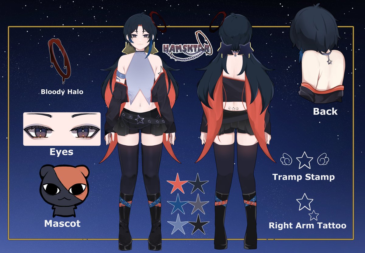 hamsktar's tweet photo. Thank you for coming to my 4.0 debut! Here's the character sheet of my lovely model
Design and L2D art : me
Rigging L2D : @/EzekiVyl
Art Tag : #hamsktart
Clips : #hamsnap
Meme: #hamsfart https://t.co/r6sAdYt8Mx