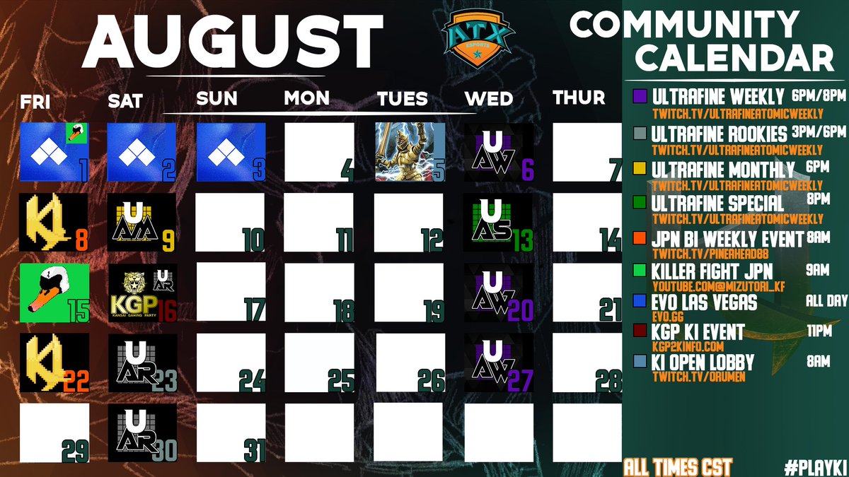 Hello KI gamers!

We have some great KI action for the month of August

We have some amazing weekly events in Japan and North America.

We also have EVO this weekend and a JPN offline event as well.

#PlayKI