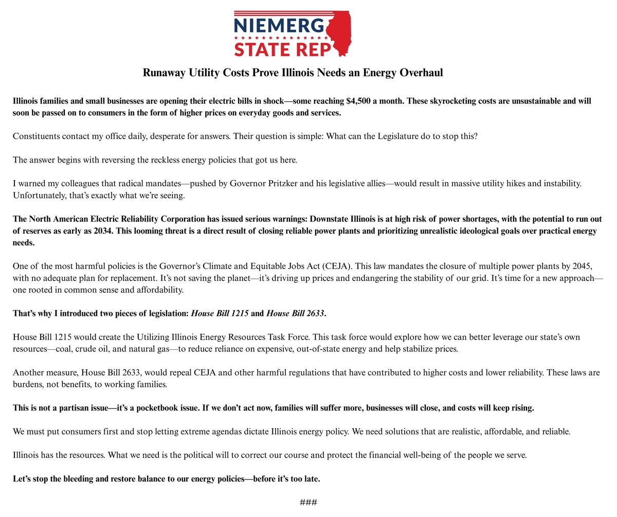adamniemerg's tweet image. Illinois is in an energy crisis—and you&apos;re paying the price. 

Some small businesses are seeing electric bills hit $4,500/month. Working families are being stretched to the breaking point.

In my latest op-ed, I lay out what’s driving these outrageous costs—and what we can do to…