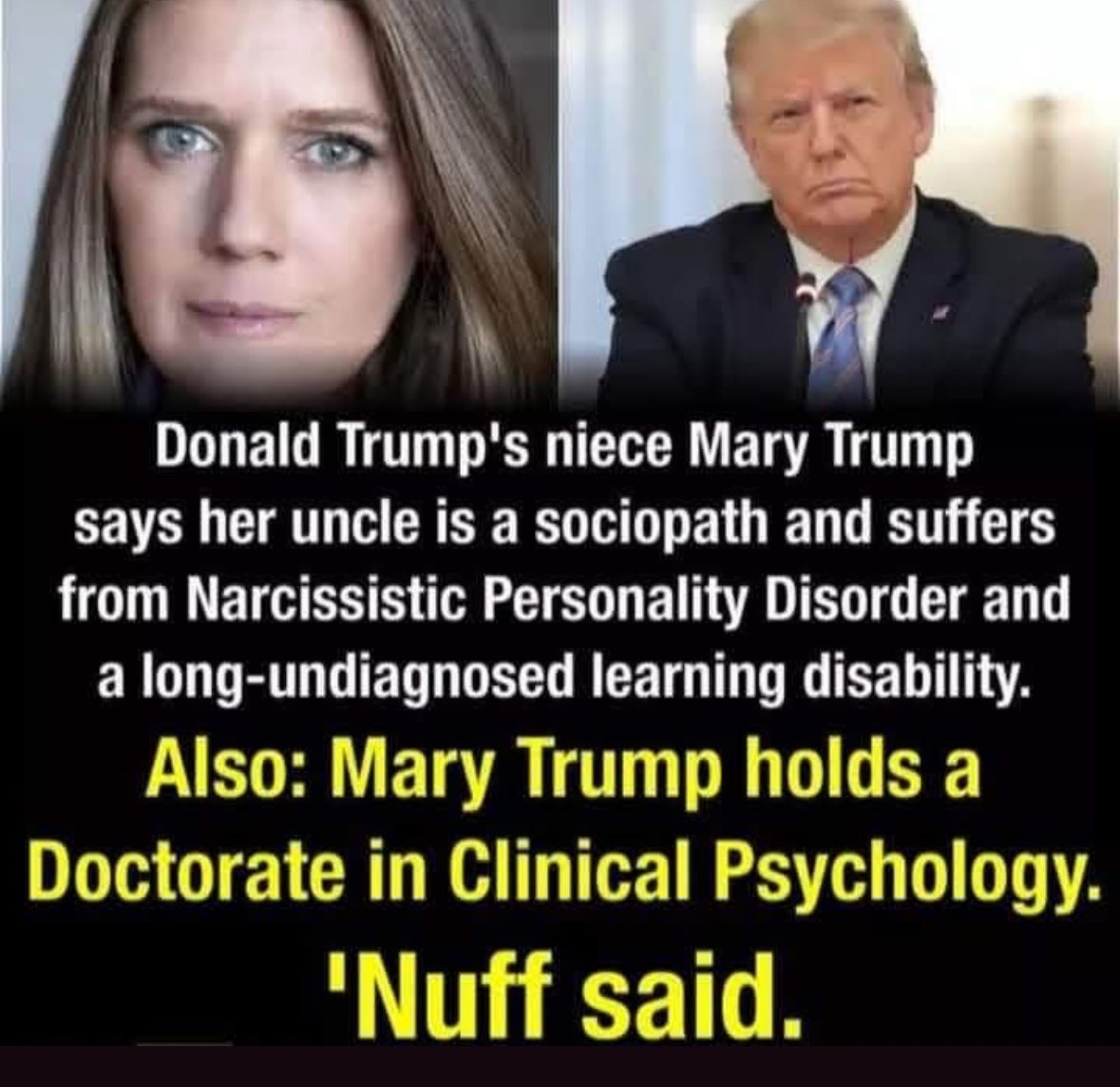 AnnieForTruth's tweet photo. Mary Trump is correct in her diagnosis. There is nothing more dangerous than having a Malignant Narcissist and Sociopath running our country that has ZERO conscience. https://t.co/feStMY3lC1
