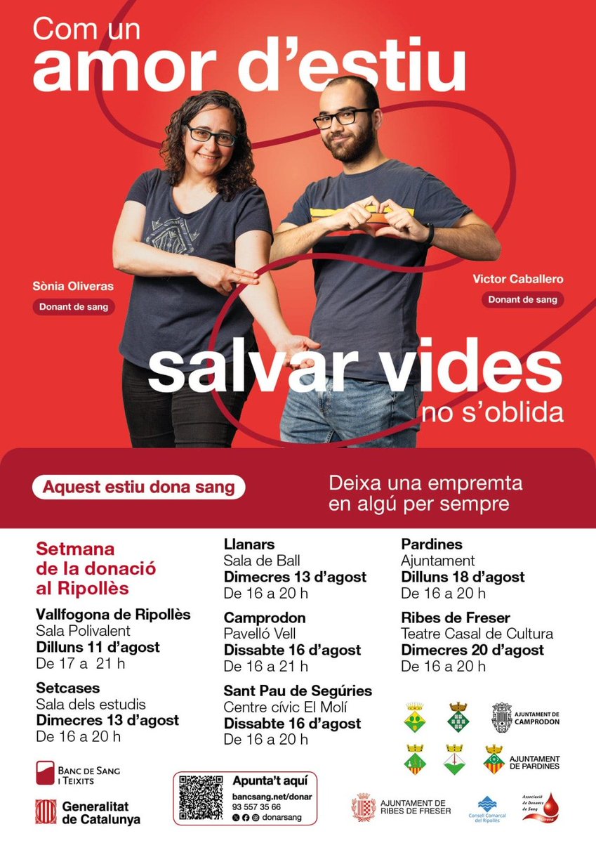 Aquest any, l'amor d'estiu 💘 salva vides!
Participeu a la campanya de col·lectes de #sang 💉 d'aquest mes al #Ripollès!