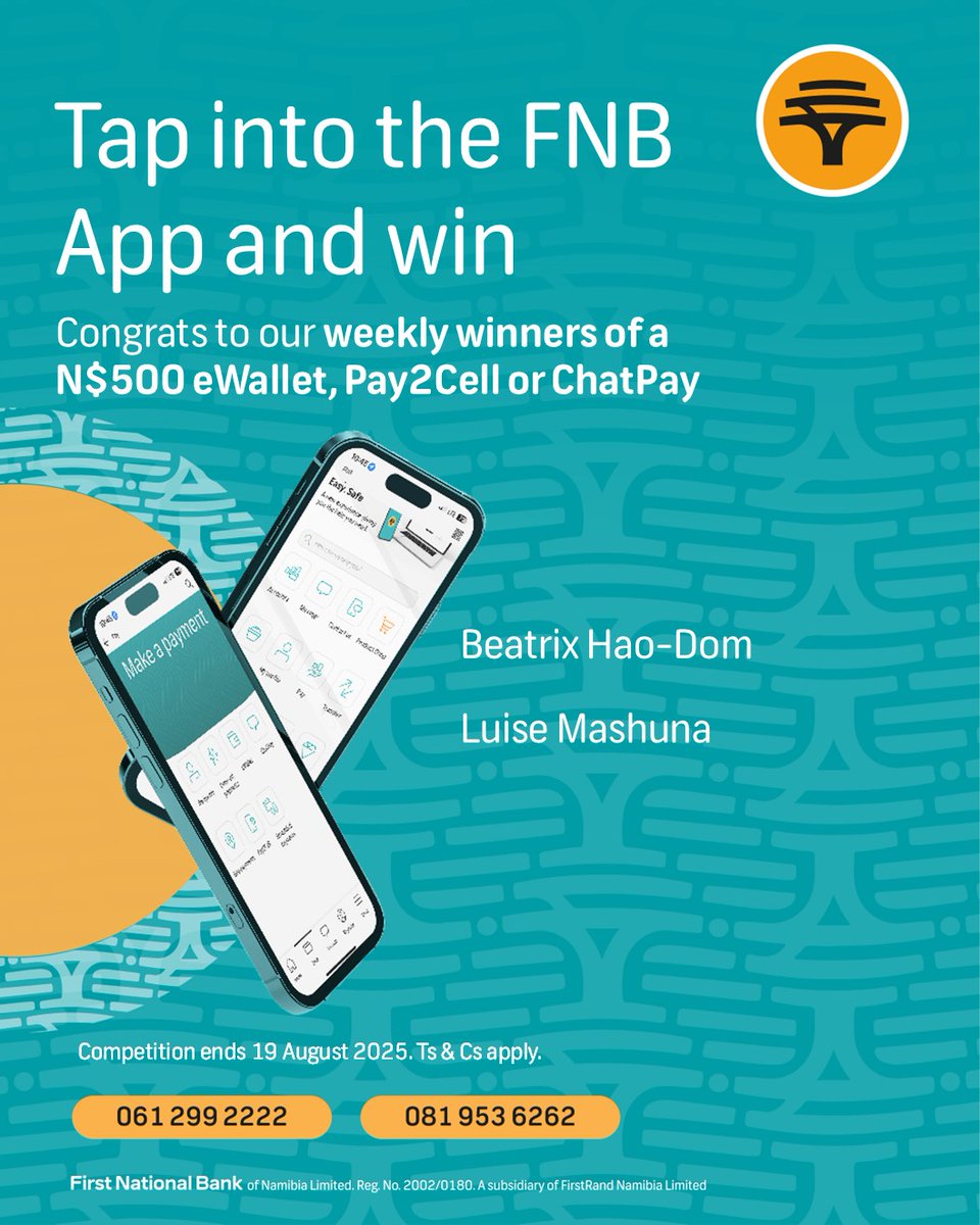 FNBNamibia's tweet image. It’s seriously easy to stand a chance of winning our weekly or monthly prizes, or the grand prize of an iPhone 16 Pro.

Simply purchase prepaid airtime or electricity on the FNB App, and you’re in the competition.

#FNBNamibia #FNBApp