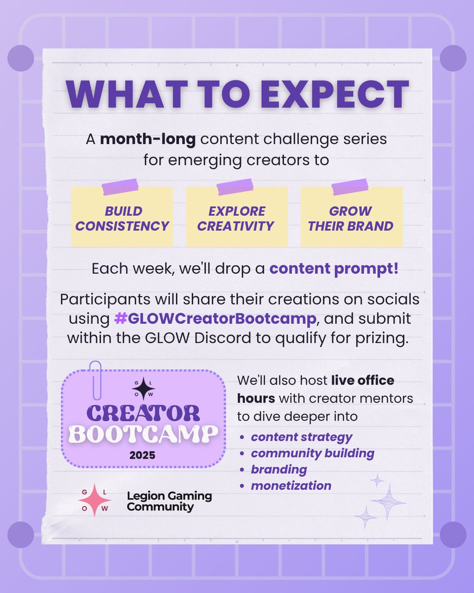 gamingleagueofW's tweet photo. 📢 Calling all new &amp; seasoned creators—this one’s for YOU!✨

Join the month-long GLOW Creator Bootcamp packed with weekly challenges🎥&amp; speakers. Jump in for your chance to win prizes: including a @Lenovo PC!🏆

Hop into the GLOW Discord Server to sign up!🌟 #GLOWCreatorBootcamp https://t.co/3N42cfkomd
